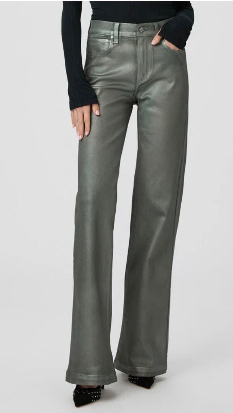 PAIGE Leenah Wide Leg Coated Jeans Mystic Green High Rise, Size 28, MSRP $279